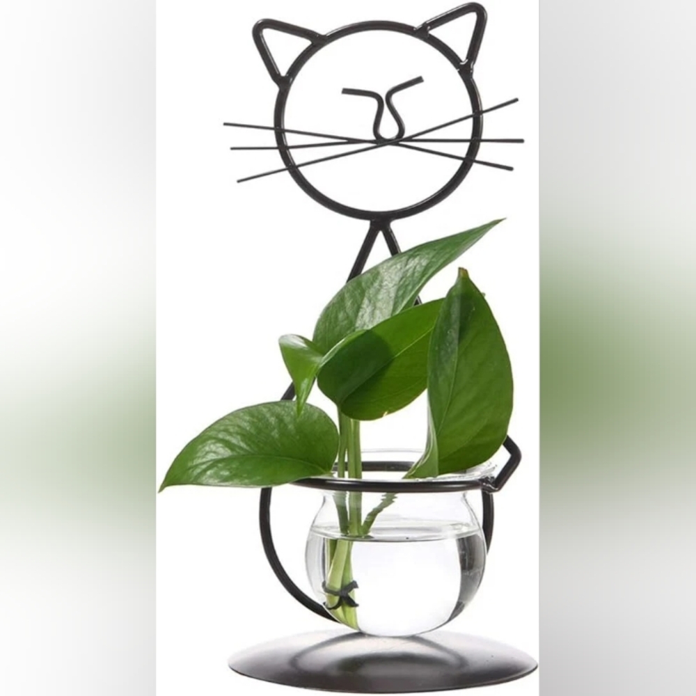 Black Cat Hydroponics Planter Holder Vase Metal Decor Terrarium Glass